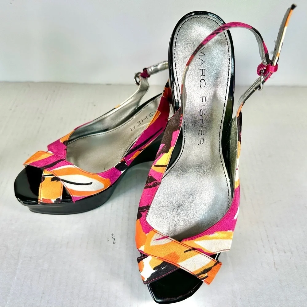 Marc Fisher Multicolor Peep Toe Wedge Sandal Size 7